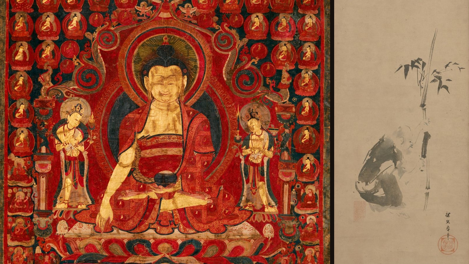Anónimo, dominio público. Siddhartha entre iluminados, Tíbet occidental, siglo XVII. Kanō Tan'yū, CC0. Huineng y un bambú, 1635-1645, encuadre.