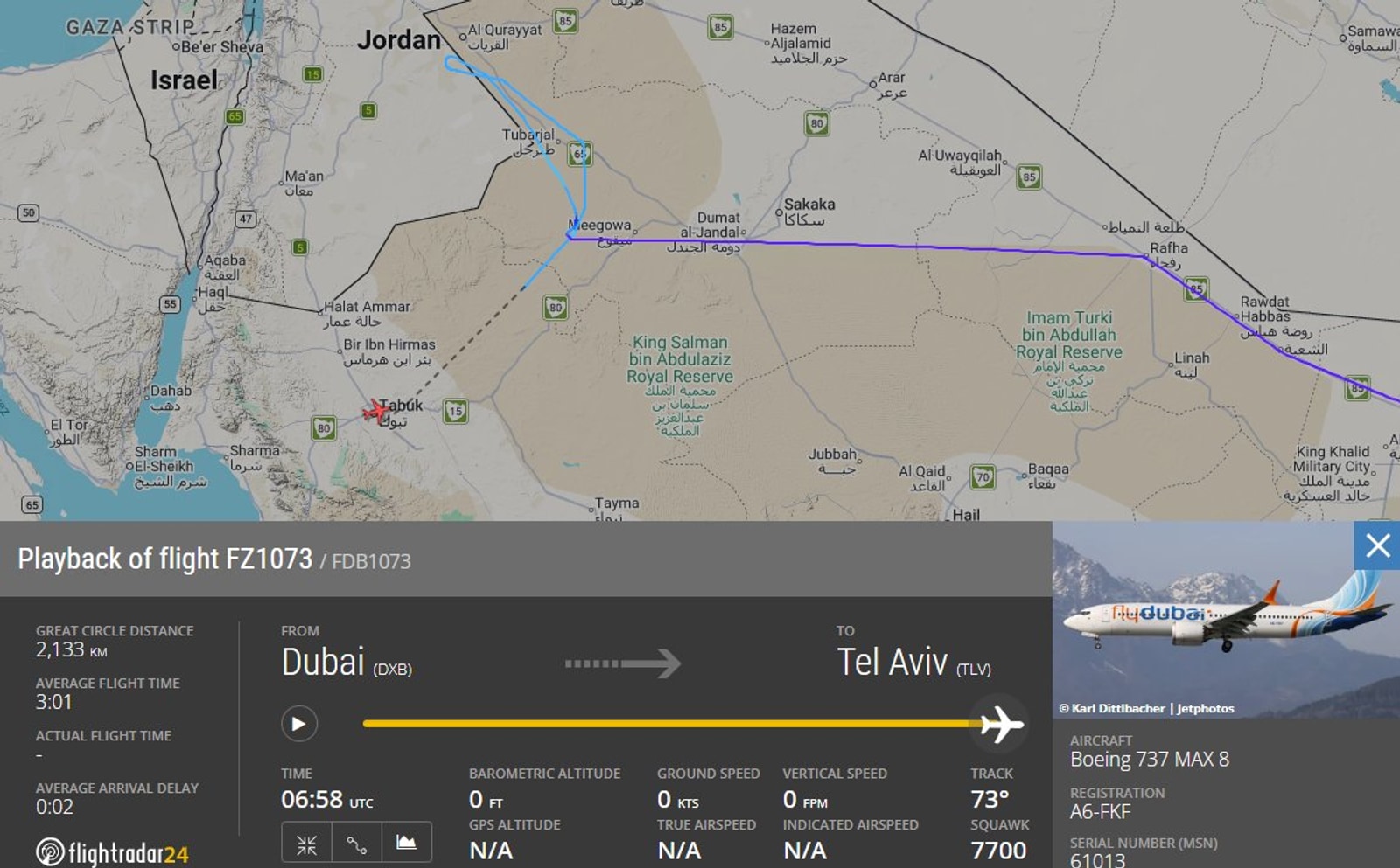 Recorrido del vuelo FZ1073 sobre Arabia Saudita y Jordania - Flightradar24