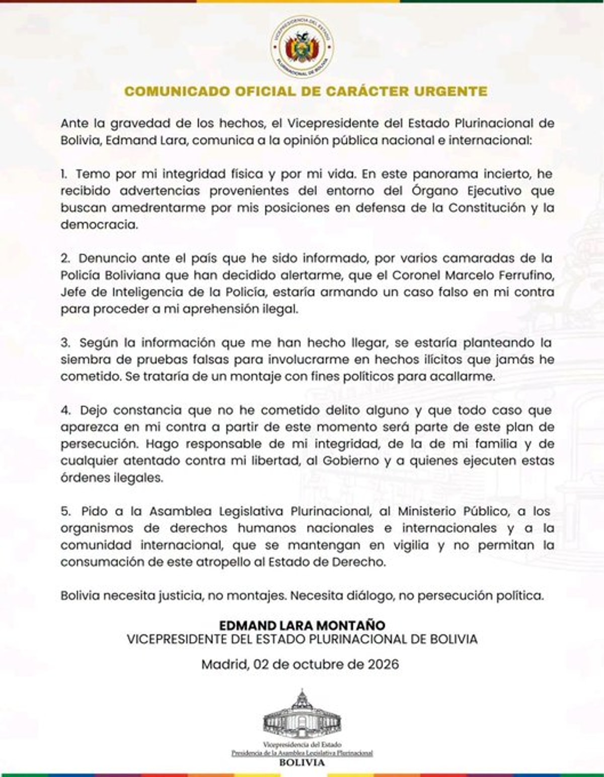 Comunicado urgente de Edmand Lara, Madrid 2 de octubre - Archivo Público