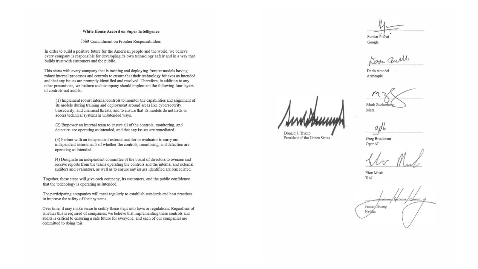 El acuerdo de Super Intelligence firmado por Trump, Pichai, Amodei, Zuckerberg, Brockman, Musk y Huang