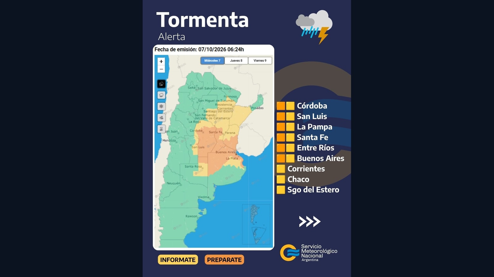 Mapa de alerta naranja del SMN del 7 de octubre de 2026