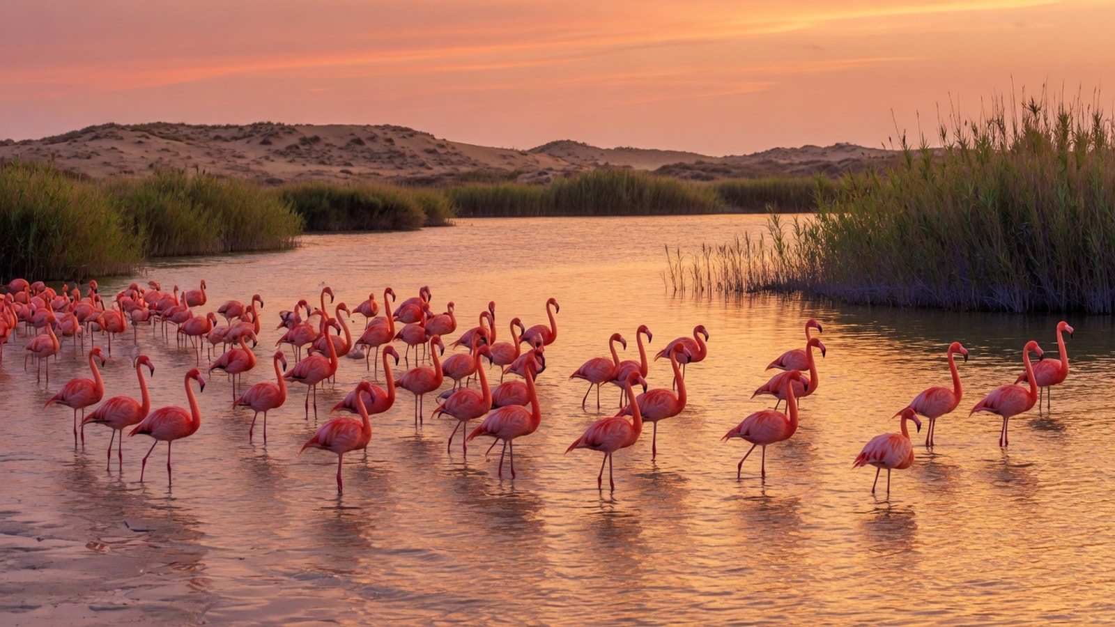 Flamencos en una laguna costera al atardecer